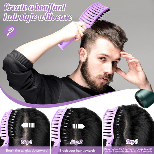 URTHEONE Hair Brush, Detangling Boar Bristle Curved Vented Hair Brush for Women Men Kids, 2 Pack, Pink & Purple