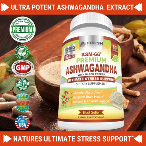 FRESH HEALTHCARE Ashwagandha Capsules KSM-66, 1200mg Pure Root Extract, 60 Vegan Capsules