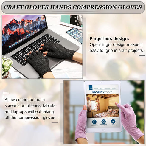3 Pairs Compression Craft Arthritis Gloves, Fingerless Pressure Relief for Quilting, Sewing, Typing (Black, Gray,