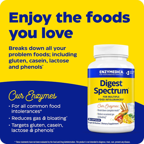 Enzymedica Digest Spectrum, 30 Count Digestive Enzymes for Fast-Acting Gas & Bloating Relief, Multiple Food Intolerances