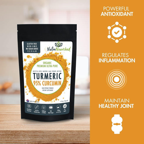 Pure Organic 95% Curcumin Powder - 1500mg Turmeric Extract with Black Pepper - Natural Wellness Support, 120g