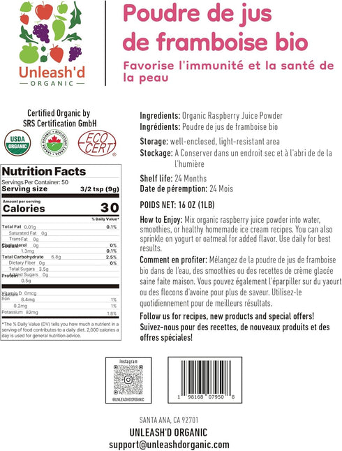 UNLEASH'D ORGANIC 16oz 100% Unleashd Organic Organic Raspberry Juice Powder Pure Superfood, Antioxidant-Rich