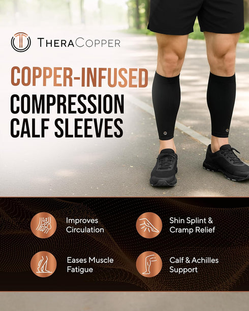 TheraCopper Copper Calf Compression Sleeve Premium Copper Compression Shin Sleeve for Men & Women Breathable & Non-Slip