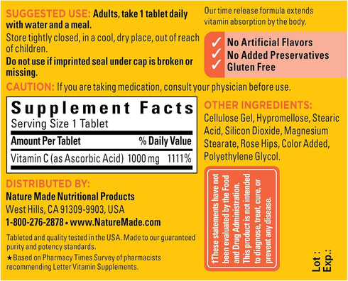 Nature Made Vitamin C 1000 mg Time Release Tablets with Rose Hips - 60 Count for Immune System Support
