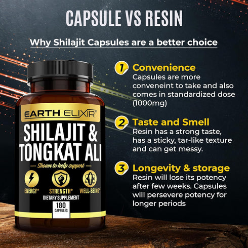 Shilajit 1000mg & Tongkat Ali 400mg - 180 Capsules, Made in USA, Pure Himalayan Organic Supplement