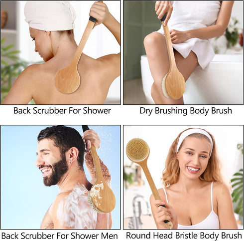 OWIIZI Round Head Back Scrub Brush for Body Shower, Wooden Long Handle, Skin Exfoliator Scrubber for Wet or Dry Use