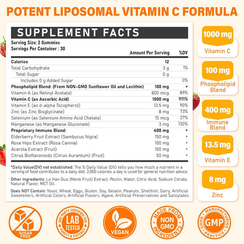 Tcemundry Gummies 1000mg Gummy Liposomal Vitamin C for Adults: Vitamin C Chewable with Zinc, Elderberry, Vitamins A & E