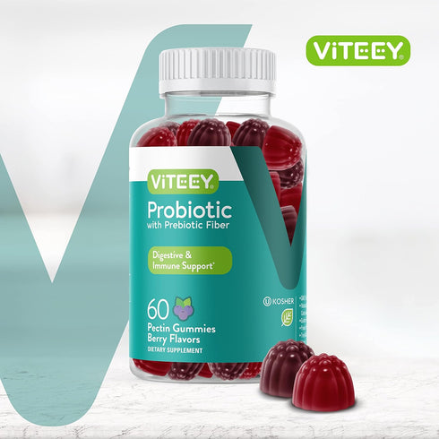 Probiotic Gummies with Prebiotics Fiber, Extra Strength 2 Billion CFUs - Prebiotics and Probiotics for Immune & Digestive Support - Vegan, Gelatin Free, GMO Free - Tasty Chewable Berry Flavored Gummy