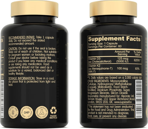 Vitamin D3 K2 Capsules, 5000 IU Vitamin D3 and 100mcg Vitamin K MK7, 60 Capsules, USA Made Vegetarian Supplement