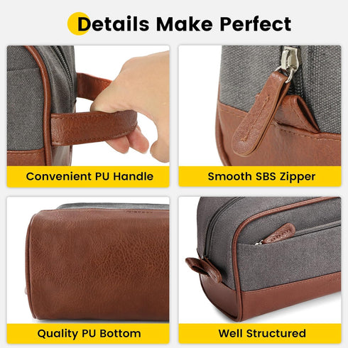 Vorspack Travel Toiletry Bag - Canvas Toiletry Bag for Men, Water Resistant Dopp Kit for Bathroom Accessories, Grey