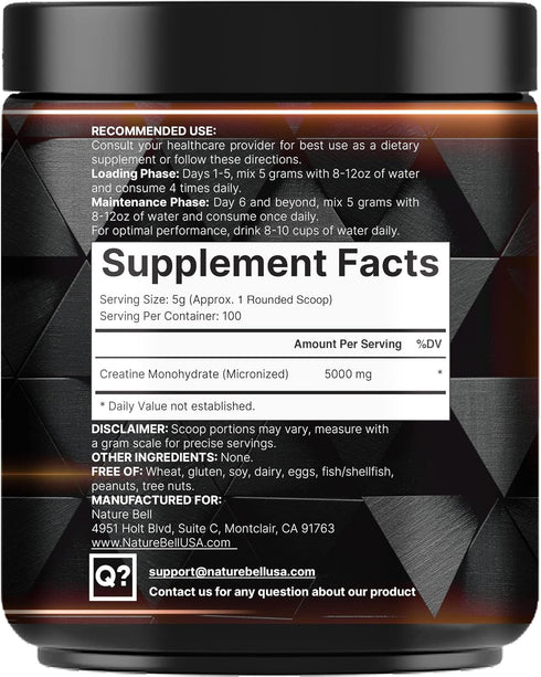 NatureBell Creatine Monohydrate Powder - 500 Grams, 5000mg Per Serving, Pure Unflavored Micronized Powder