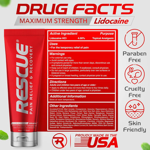 RESCUE PAIN RELIEF & RECOVERY Cream - All-in-One Solution for Back, Neck, Knee, Hand, Foot, Shoulder Pain - 4 Ounces