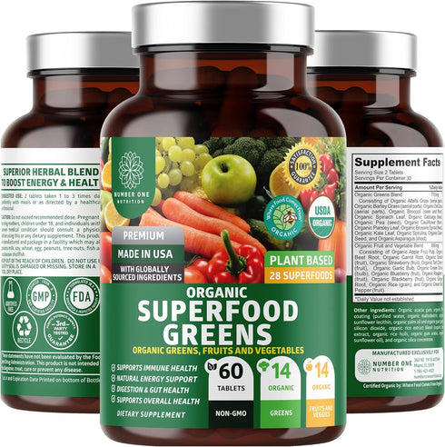 N1N Premium Organic Superfood Greens, 28 Powerful Ingredients, Natural Fruit and Veggie Supplement - 60 Ct
