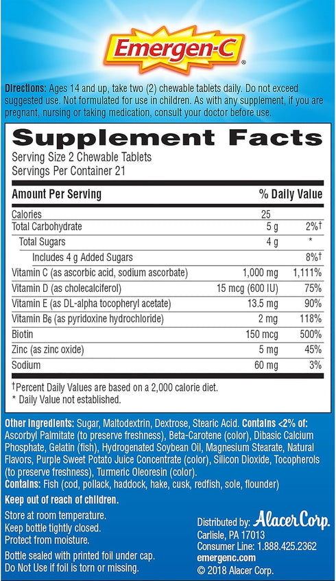 Immune+ 1000mg Immune Immunity, 42 Count Emergen-C Chewables Vitamin C with Vitamin D Tablet, Support Dietary