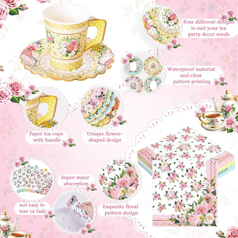 SUMMORO 180 9 OZ Set Pcs Floral Paper Tea Cups and Plates Disposable Paper TeaCups and Saucers with Tea Party Napkins