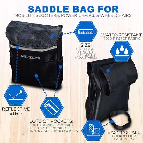 AlveyTech Water-Resistant Saddle Bag (Large, Black) - For Mobility Scooters, Wheelchairs, & Power Chairs - Lightweight