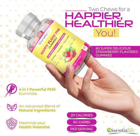 PMS Gummies - Happy Flow PMS Support Supplement for Women - Strawberry PMS Relief Supplement with Vitamin B6 for