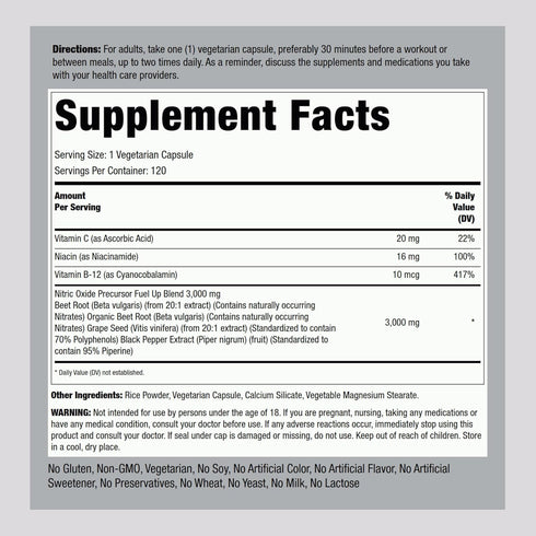 Fitness Labs Nitric Oxide Beet Root Capsules | 120 Count | Nitric Oxide Precursor Vegetarian Non-GMO
