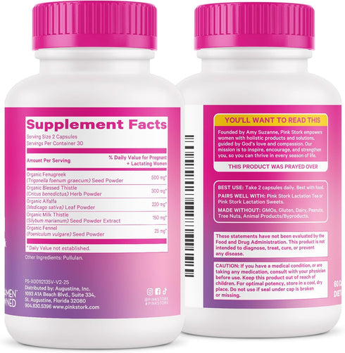 Pink Stork Total Lactation Supplement for Breast Milk Supply, Organic Fenugreek and Alfalfa, 60 Capsules