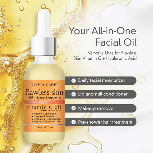Olivia Care Vitamin C + Hyaluronic Acid Facial Oil, 100% Natural, Reviving, Hydrating, Calming & Soothing, 2 fl oz