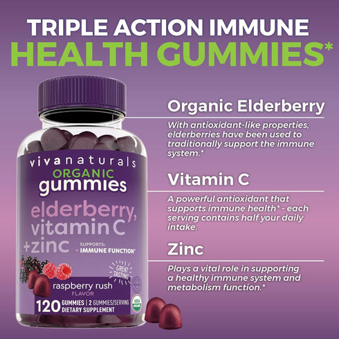 Organic Sambucus Elderberry Gummies with Zinc and Vitamin C, 120 Count, Immune Support