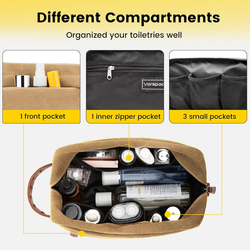 Vorspack Toiletry Bag Hanging Dopp Kit for Men, Water Resistant Canvas Shaving Bag with Large Capacity - Brown