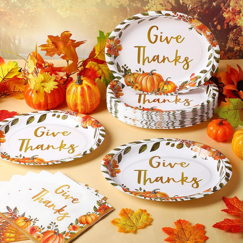 Maxdot 100 10 12 Inch Set 50 Pcs Thanksgiving Plates and Napkins x Disposable Gold Fall Pumpkin Oval Paper Plates