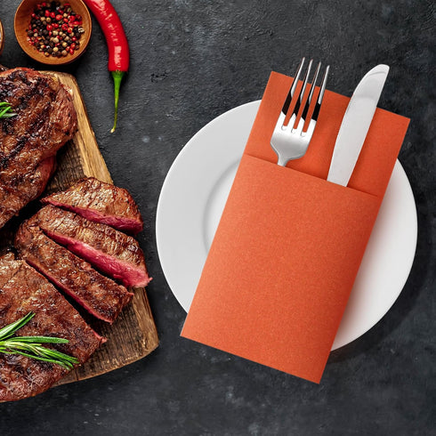 Dark Orange Napkins (50 Pack) - Disposable Linen-Feel Dinner Napkins with Built-in Flatware Pocket for Parties