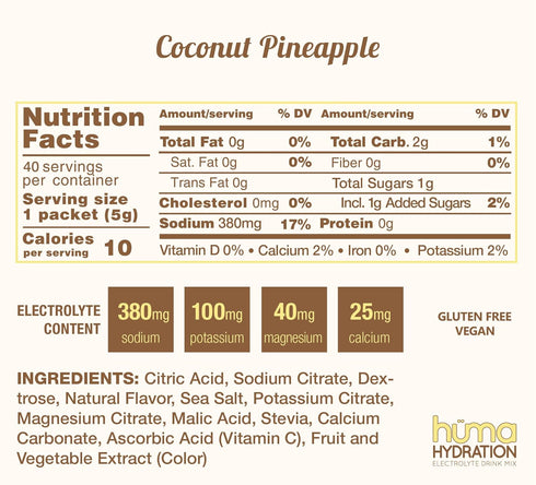 HUMA CHIA Hydration Drink Mix, Coconut Pineapple, 30 Packets, Low Calorie, High Electrolyte Powder