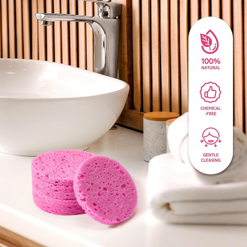 50-Count Compressed Facial Sponges - Reusable Makeup Remover with Storage Container, Portable for Travel, Pink