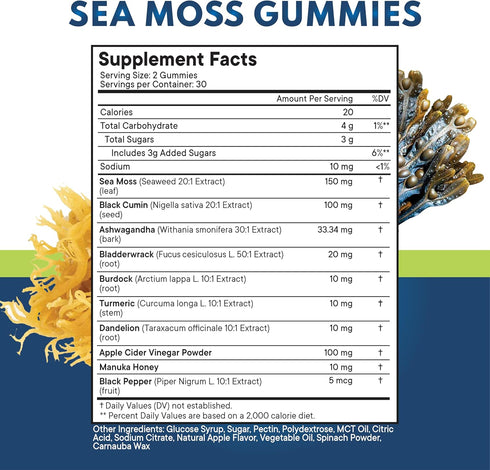 Sea Moss Gummies, Sea Moss 3000mg, Black Seed 2000mg, Ashwagandha 1000mg, Turmeric, Manuka Honey, ACV, Dandelion, Black Pepper, Burdock, Bladderwrack, Vegan - 60 Count