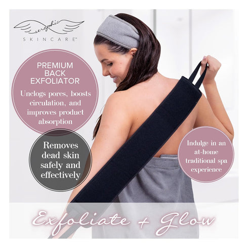Seraphic Skincare Premium Back Exfoliator – Dual-Sided Back Scrubber for Men & Women – 100% Vegan – Viscose Side for Deep Exfoliation, Mesh & Washcloth Side for Cleansing – Bacne Prevention
