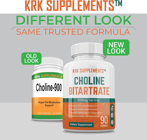 2 Bottles Choline Bitartrate 900mg Per Serving 180 Total Capsules KRK Supplements