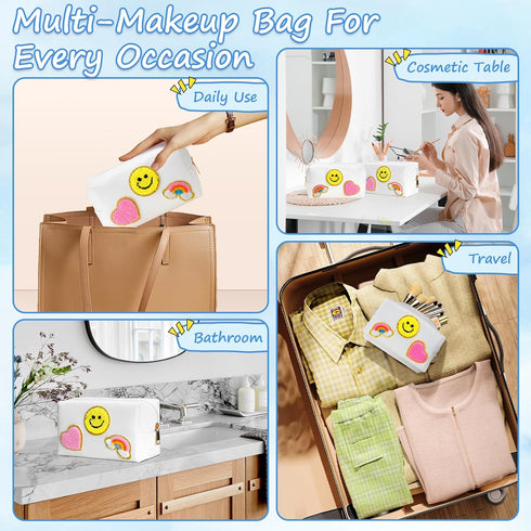 WECOOL Makeup Bag - Cute Smiley Face & Heart Pattern Preppy Patch Makeup Bag, Portable Large Capacity Cosmetic Bag for