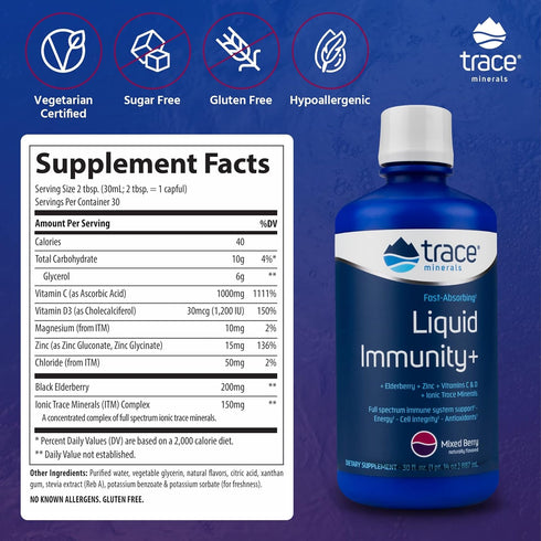 Trace Minerals Liquid Immunity+ with Elderberry, Zinc, Vitamins C & D, Sugar Free, Gluten Free, Mixed Berry, 30 oz