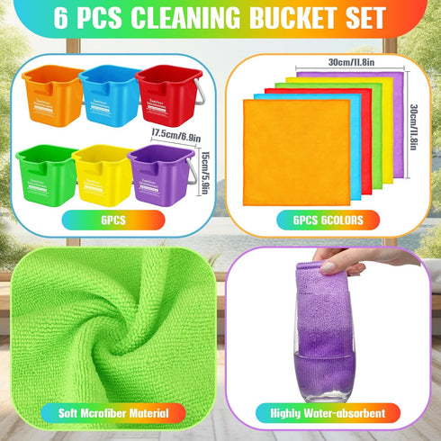 6 Sets 3 Quart Cleaning Bucket with Microfiber Cloths, Small Sanitizing Square Bucket for Household, Restaurant, Office