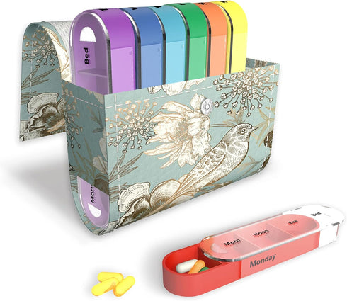 LIZIMANDU Weekly Travel Pill Organizer, Daily AM PM Medication Reminder Box with Leather PU Carrying Case (Blue Bird)