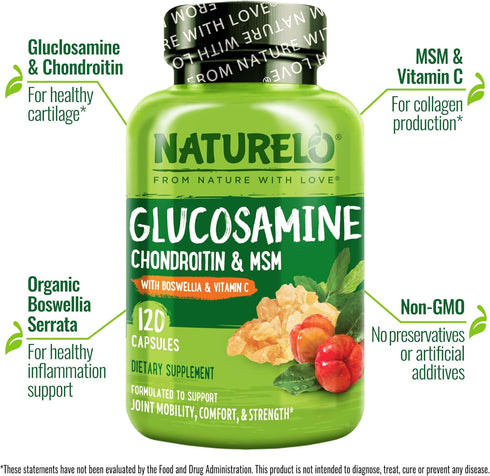 NATURELO Glucosamine Chondroitin MSM with Boswellia & Vitamin C - Joint Support Supplement, 120 Capsules