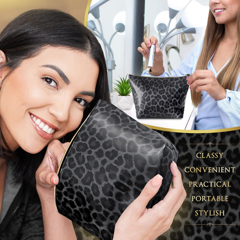 Vegan Leather Black Leopard Print Makeup Bag, Cute Travel Accessories Small Cosmetic Zipper Pouch