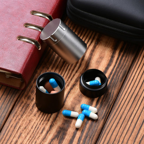 Portable Waterproof Metal Pill Case, Aluminium Alloy Round Organizer for Travel, Pocket Daily Pill Holder (Black)