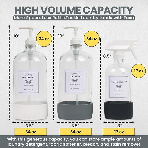Set 34 oz 2, 17 oz 1 Glass Laundry Detergent Dispenser w/Silicone Base, Laundry Pump Dispensers x Laundry Dispenser x