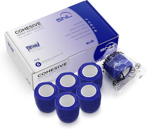 SNL Quality Blue Cohesive Bandage Wrap, 2" x 5 Yards, Latex Free, Adhesive Stretchable Breathable, First Aid Sports