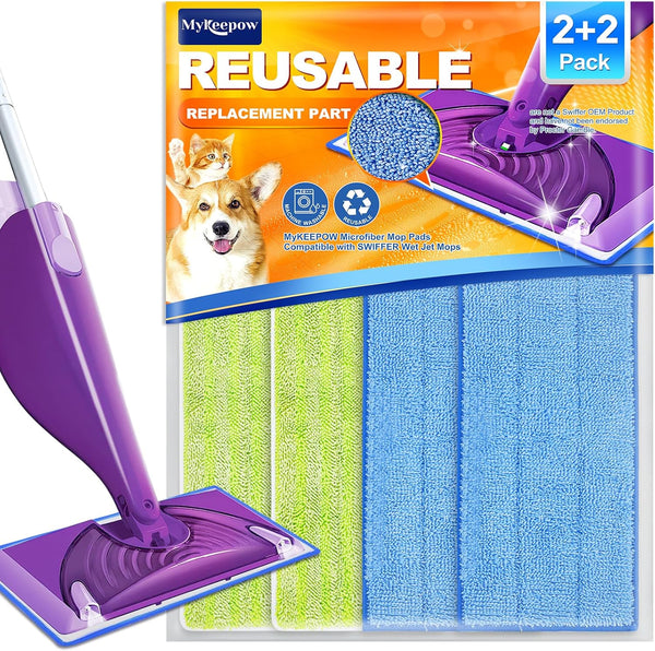 Reusable Mop Pads for Swiffer WetJet Mop, MyKEEPOW Wet Jet Refills Pads for Floor Cleaning, 4 Pack (Green+Blue)
