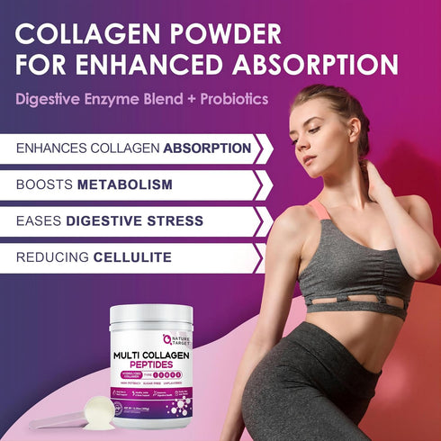 NATURE TARGET Multi Collagen Peptides Powder - Type I, II, III, V, X with Vitamin C, Hyaluronic Acid - 35 Servings