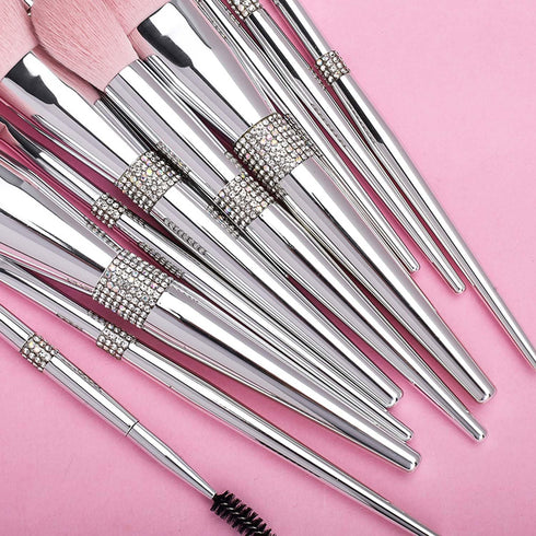 Professional Makeup Brush Set - Luxury 11pcs Silver Glitter Crystal Kit with Vegan Soft Synthetic Hair