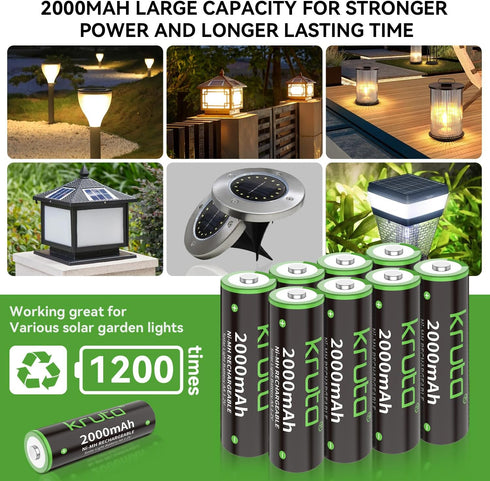Kruta Ni-MH AA Rechargeable Batteries 2000mah, Double A High Capacity 1.2V Pre-Charged for Garden Landscaping Outdoor Solar Lights, String Lights, Pathway Lights (12 Pack)