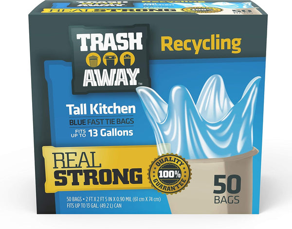 Heavy Duty Recycling Bags, 50 Ct, 13 Gallons, Tall & Strong Bags for Home & Kitchen, Thick Recycle Bin Bags (Blue)
