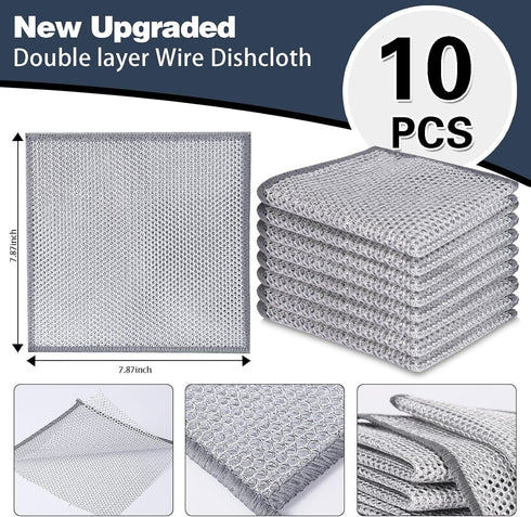 10 Pack Double Layer Non-Scratch Wire Dishcloth for Wet and Dry, Reusable Steel Wool Scrubber for Kitchen Cleaning