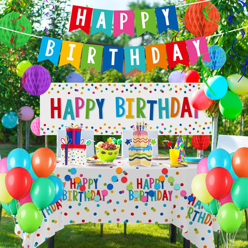 Happy Birthday Decorations Kit - Banner, Plastic Backdrop, Circle Confetti Garland, Streamers & Balloons
