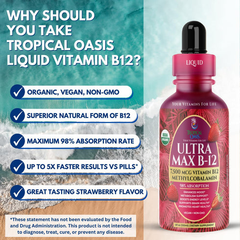 USDA Organic Ultra Max B12 | Superdose 7500mcg Vitamin B12 Liquid Drops as Methylcobalamin | 4oz